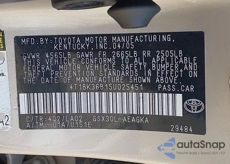 2005 Toyota Avalon Xls z USA, uszkodzony, nr VIN 4T1BK36B15U025451